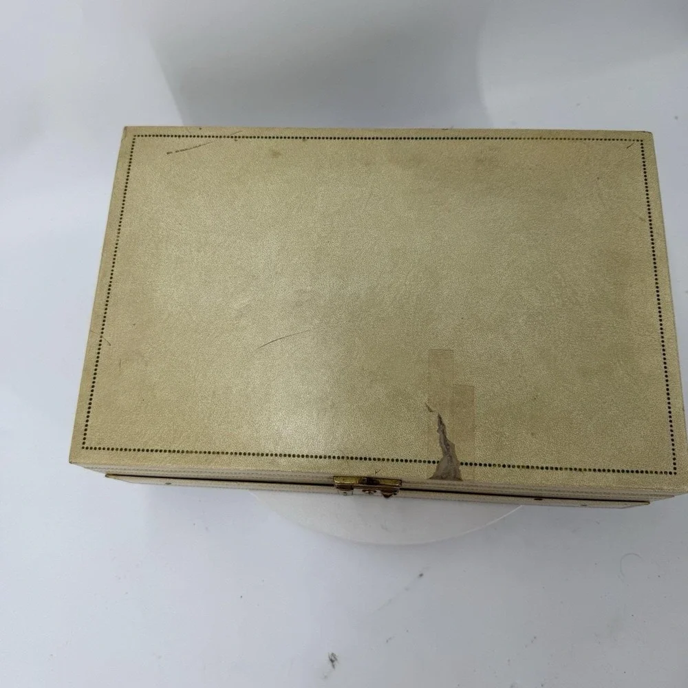 Vintage Mele Jewelry Box 1 Drawer Red Velvet and satin-Faux cream leather w/gold